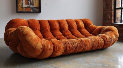 A vibrant orange retro sofa beautifully displayed in a spacious industrial loft setting with large windows and exposed brick walls