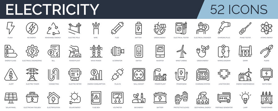 Set of 52 outline icons related to electricity. Linear icon collection. Editable stroke. Vector illustration