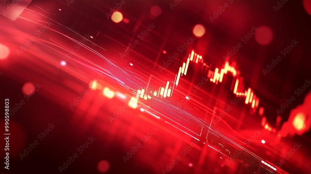 Poster abstract red financial graph highlighting market trends with digital lines and light layers during t
