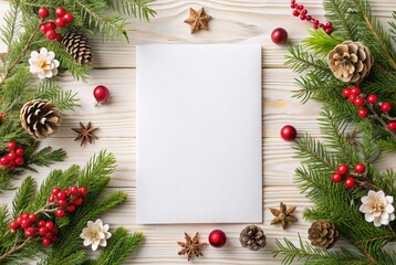 Elegant scandinavian christmas background with white paper surrounded by festive pine cones and red berries