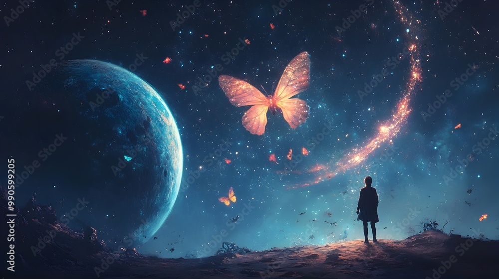 Poster glowing butterfly trail in cosmic landscape symbolizing transformation through imagination