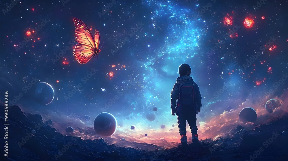 Poster glowing butterfly trail soaring through cosmic landscape symbolizing transformation and imagination