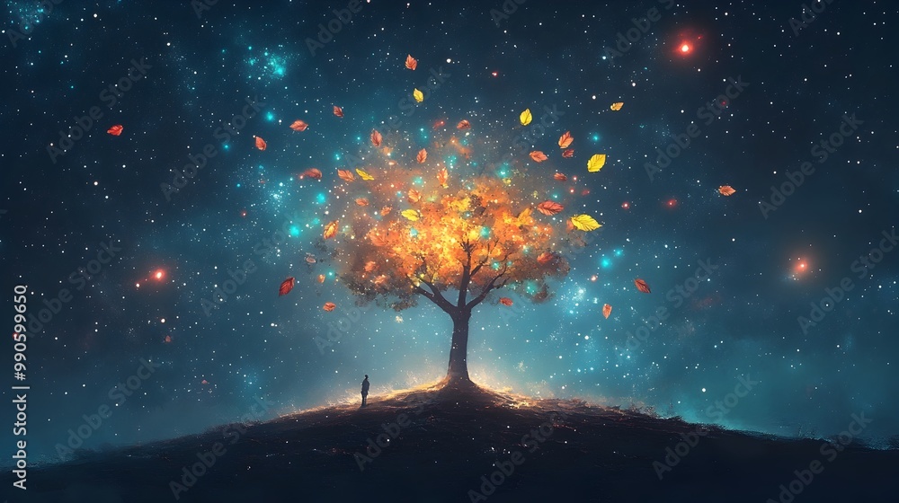 Poster Glowing Ethereal Tree with Floating Multicolored Leaves in Starry Sky