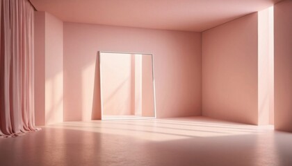 Obraz premium empty studio space with large window and empty wall in pink tones , mockup for your idea, ai generated , ai