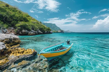 Fototapeta premium Tropical Paradise: Vibrant Boat Floating in Crystal Clear Blue Sea Near Rocky Coastline