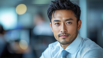 Professional male executive in a light blue shirt and tie seated at a desk in a modern office during daylight hours
