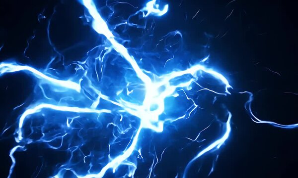 blue electricity crackling, with plasma effects and glowing bolts, moving dynamically against a dark backdrop