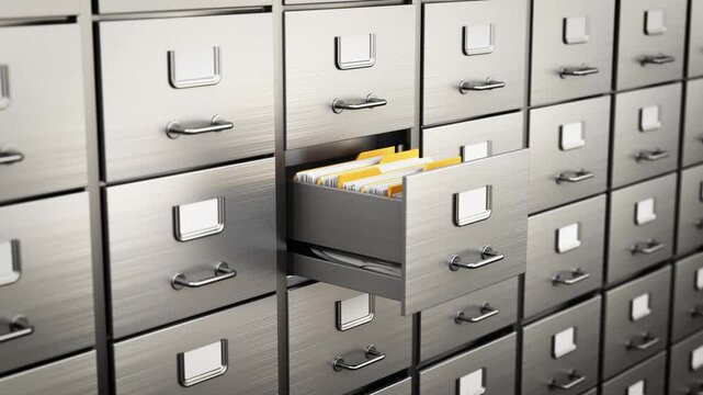A drawer of a filing cabinet opens and a yellow folder is taken.