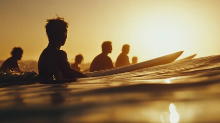 Surfers silhouette against a glowing sunset backdrop, capturing the essence of a vibrant beach lifestyle and ocean adventure.