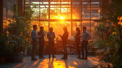 Obraz premium A group of six professionals engages in conversation during a sunset in a vibrant, plant-filled workspace