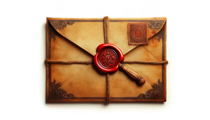 Old letter envelope with wax seal isolated on white