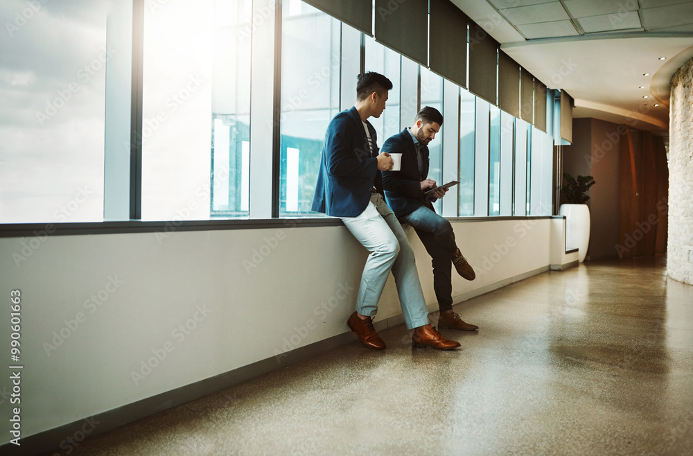 Poster friends, tablet and app with business people in office for planning, rpa management and ai software 