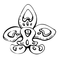 Floral lace traditional embroidery exotic rose orchid flowers and leaves, folk ethnic stylized. Hand drawn ink vector illustration. Single element isolated on white. Design travel, vacation, brochure