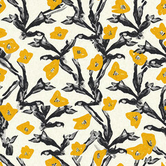 Modern printed fabric wildflower blockprint pattern with linen fabric textures. Stylized hand drawn boho dark florals for decorative design elements in repeatable background tile.