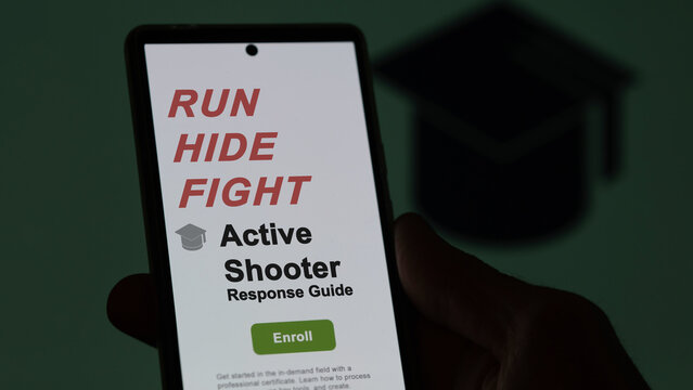 Active shooter response program. A student enrolls in courses to study, to learn a new skill and pass certification. Text in English