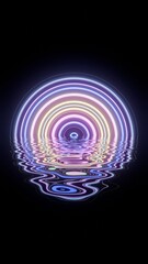 Neon Circular Arcs Reflecting on Water Surface in Dark Background