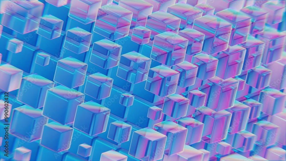 Poster abstract blue and pink cubes in a geometric 3d pattern