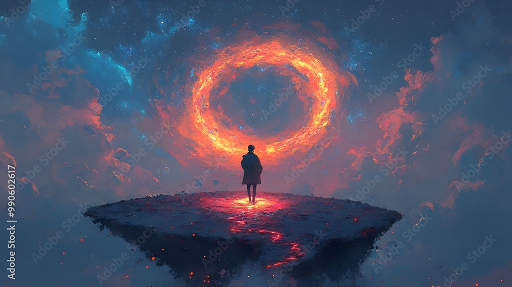 Aufkleber Surreal Figure Traversing Glowing Chromatic Path Amidst Swirling Vibrant Clouds