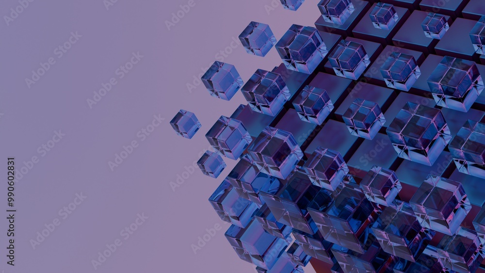 Poster abstract 3d structure of floating cubes in purple and blue tones