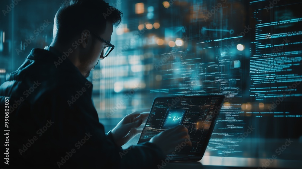Poster a digital expert analyzing data on a laptop in a modern workspace at night with glowing screens and 