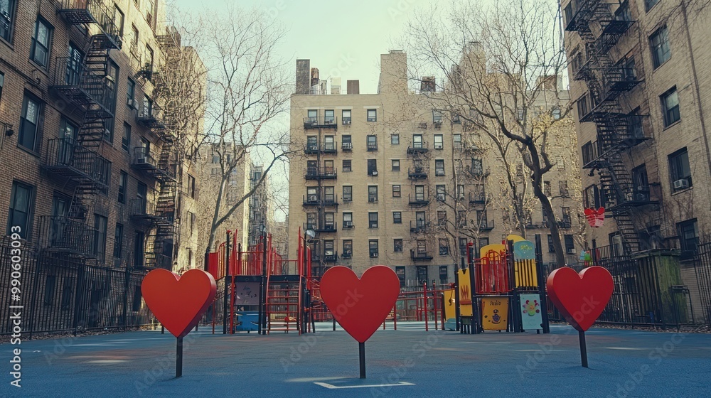 Canvas Prints A playground scene featuring three large red heart sculptures in an urban setting.