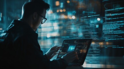 A digital expert analyzing data on a laptop in a modern workspace at night with glowing screens and programming elements