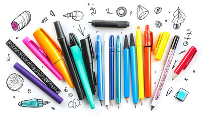 stationery in doodle 2D illustrator style, with cartoonish/symbolic elements and a white background.