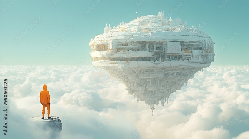Poster surreal floating castle in ethereal sea of clouds symbolizing fantastical imagination