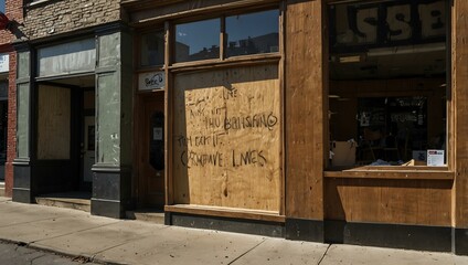 Fototapeta premium Boarded-up storefront reflecting economic challenges.