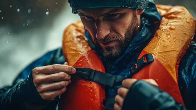 A man fastening his life jacket, prepared for an outdoor adventure, surrounded by a rainy, nature setting.