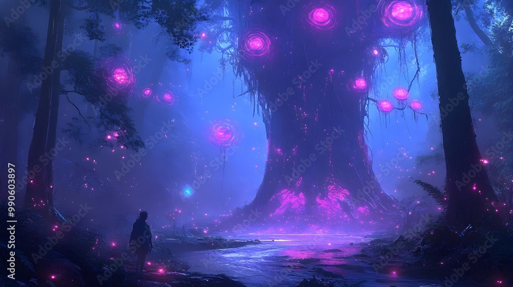 Poster surreal landscape with neon glowing rivers and luminescent trees in a fantasy world