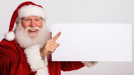Joyful Santa Claus joyfully points at a blank banner, ready for festive Christmas messages and New Year greetings against a minimalist background