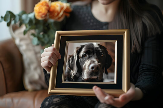 A close-up of a woman in black holding a framed photo of a dog. The indoor setting, with soft lighting and flowers, evokes a tender moment of remembrance and love for a lost pet