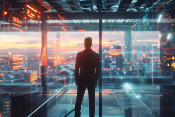 Business executive analyzing futuristic data interface in modern office