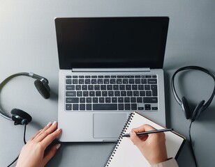 Female hands working on wooden work place with modern gadgets 