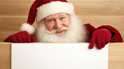 Naklejka premium Joyful Santa Claus joyfully points at a blank banner, ready for festive Christmas messages and New Year greetings against a minimalist background