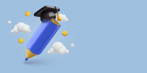 Studying, learning and educational 3D realistic vector illustration. Minimal blue pencil wearing student graduation hat with stars and clouds.