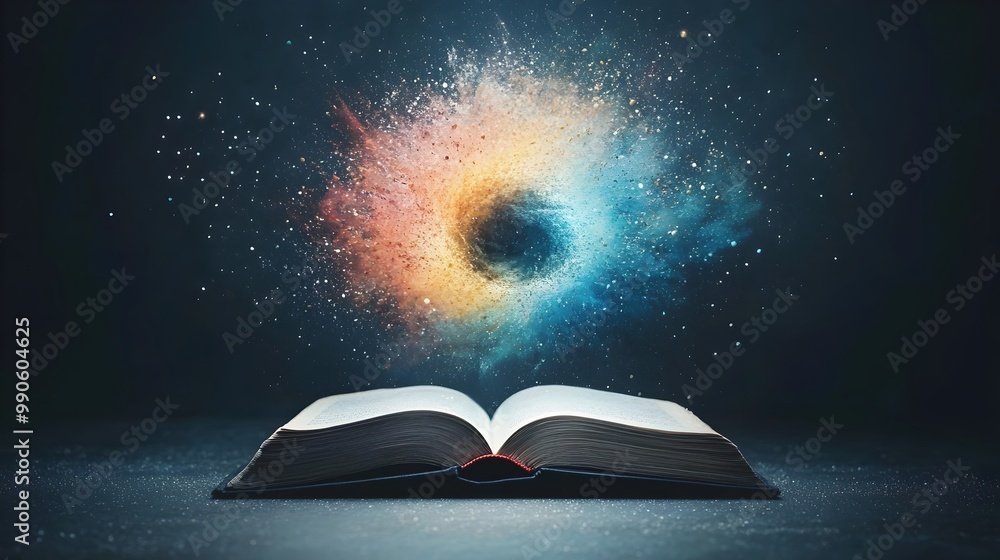 Poster swirling rainbow vortex emerging from open book symbolizing creativity and imagination unleashed