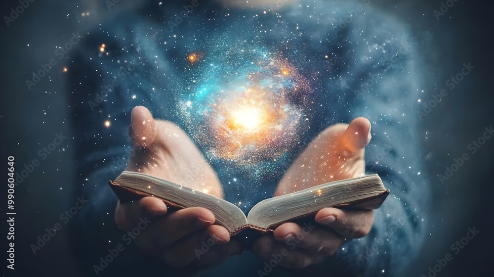 Poster swirling rainbow vortex emerging from open book symbolizing creativity and imagination unleashed