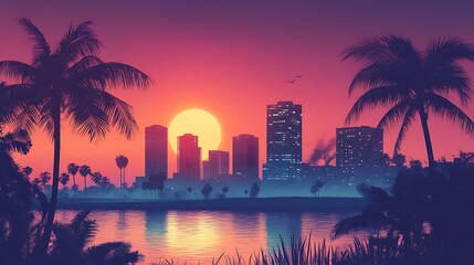 Sunset Cityscape with Palm Trees