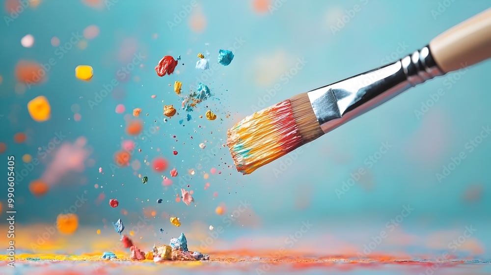 Poster vibrant color cascading from paintbrush creating dreamlike fantasy scene