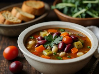 Bowl of vegetable soup with red beans.