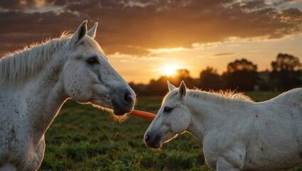 Boy feeding a white horse a carrot at sunset.