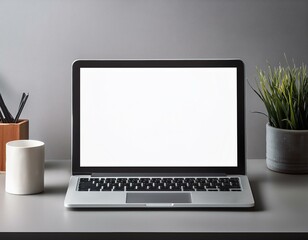 Laptop with blank empty white screen display mock-up, isolated on white background clipping path, full depth of field . silver open Isolated Devices Mockup 