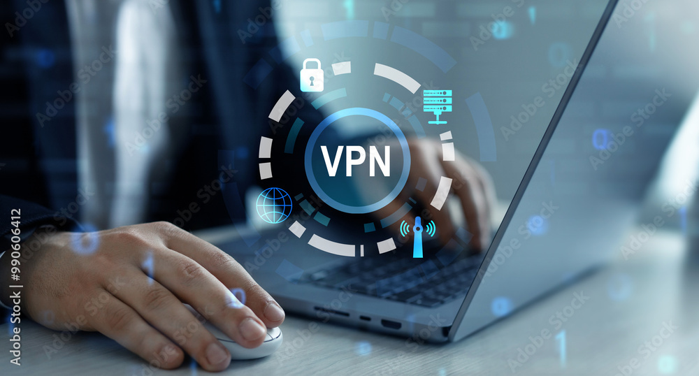 Poster vpn secure connection technology. remote server and private internet network to protect privacy pers
