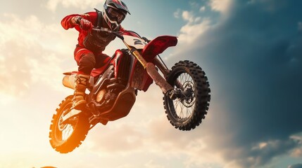 Naklejka premium A motocross rider in a red outfit performs an impressive jump against a dramatic sky at sunset, showcasing skill and adrenaline.