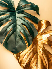 Golden and green leaves of the monstera on a beige background.