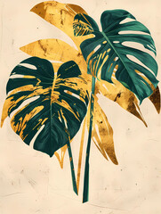 Golden and green leaves of the monstera on a beige background.