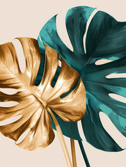 Golden and green leaves of the monstera on a beige background.