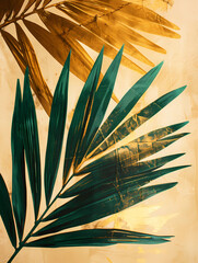 Golden and green palm leaves on a beige background.